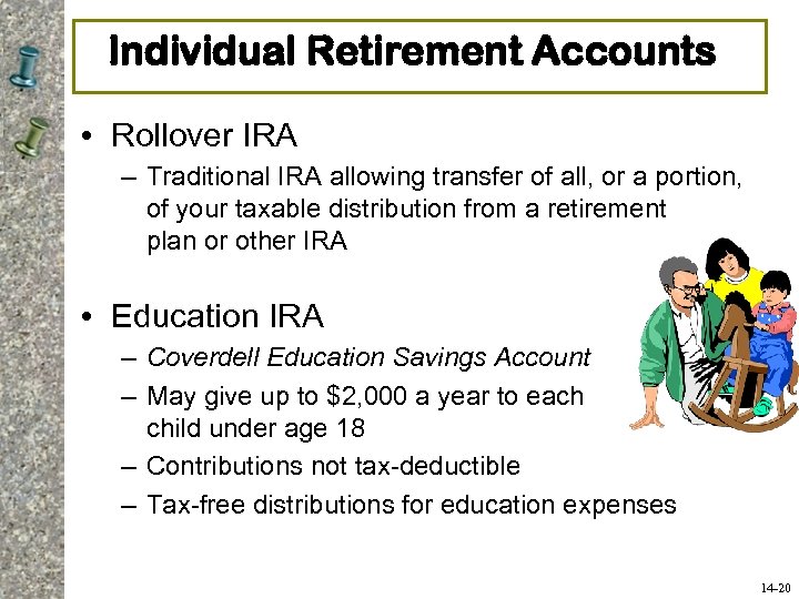 Individual Retirement Accounts • Rollover IRA – Traditional IRA allowing transfer of all, or