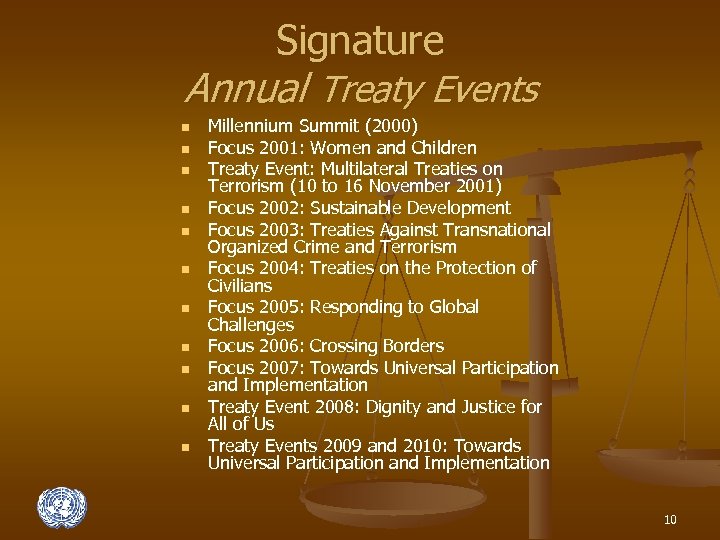Signature Annual Treaty Events n n n Millennium Summit (2000) Focus 2001: Women and