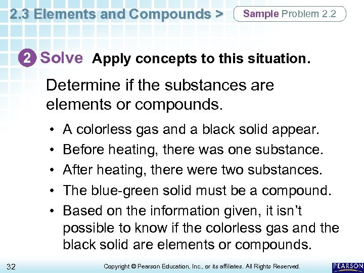 2. 3 Elements and Compounds > Sample Problem 2. 2 2 Solve Apply concepts