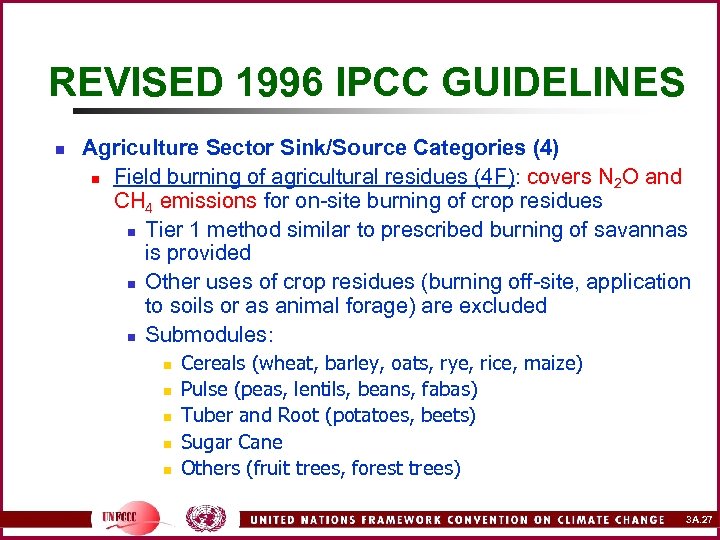 REVISED 1996 IPCC GUIDELINES n Agriculture Sector Sink/Source Categories (4) n Field burning of