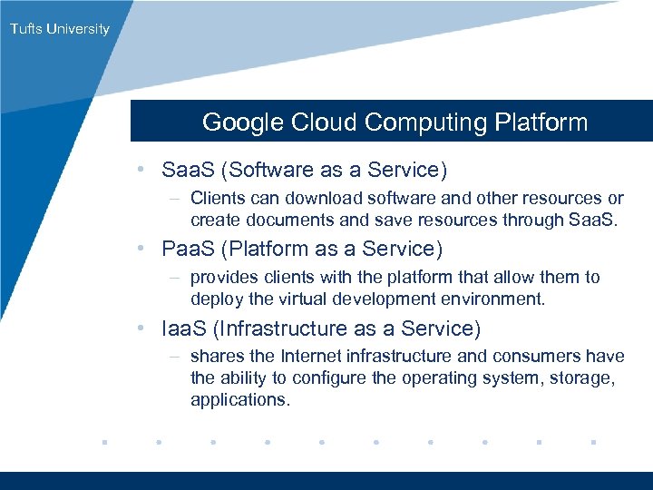 Tufts University Google Cloud Computing Platform • Saa. S (Software as a Service) –