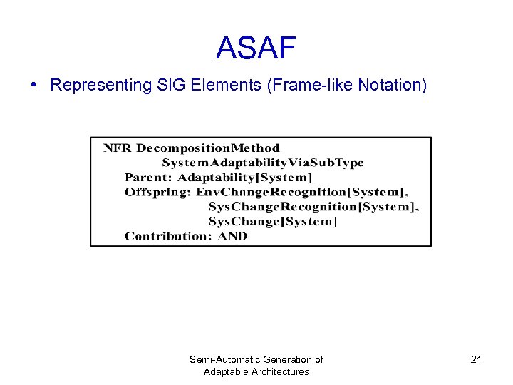 ASAF • Representing SIG Elements (Frame-like Notation) Semi-Automatic Generation of Adaptable Architectures 21 