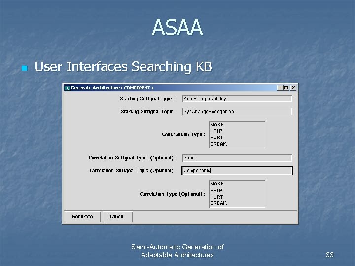 ASAA n User Interfaces Searching KB Semi-Automatic Generation of Adaptable Architectures 33 