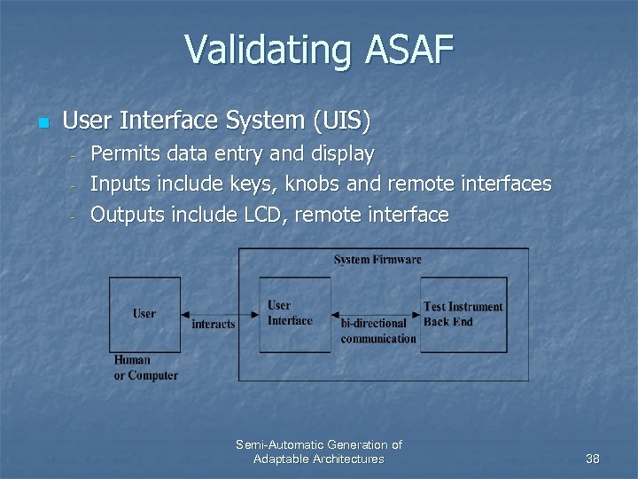 Validating ASAF n User Interface System (UIS) - Permits data entry and display Inputs