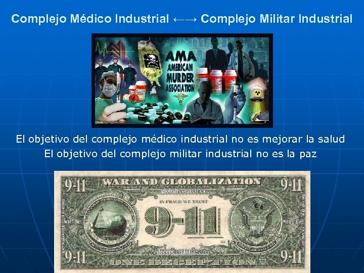Complejo Médico Industrial ←→ Complejo Militar Industrial El objetivo del complejo médico industrial no
