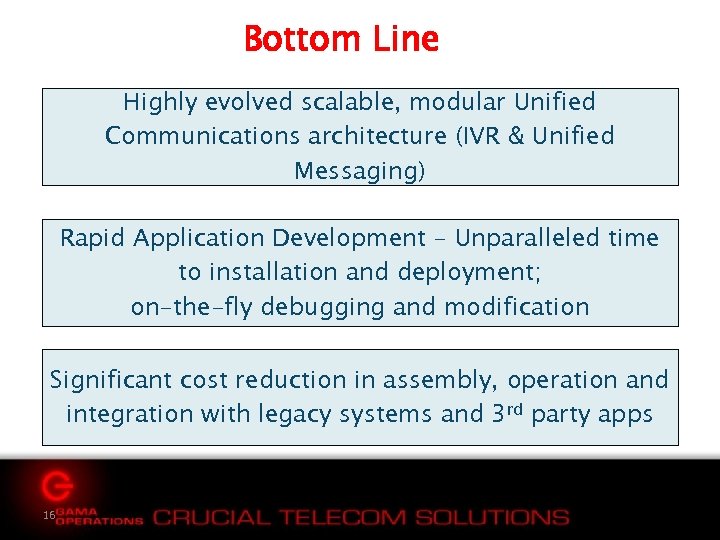 Bottom Line Highly evolved scalable, modular Unified Communications architecture (IVR & Unified Messaging) Rapid