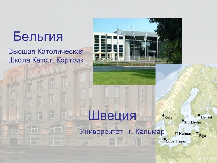 Бельгия Высшая Католическая Школа Като, г. Кортрик Швеция Университет г. Кальмар 