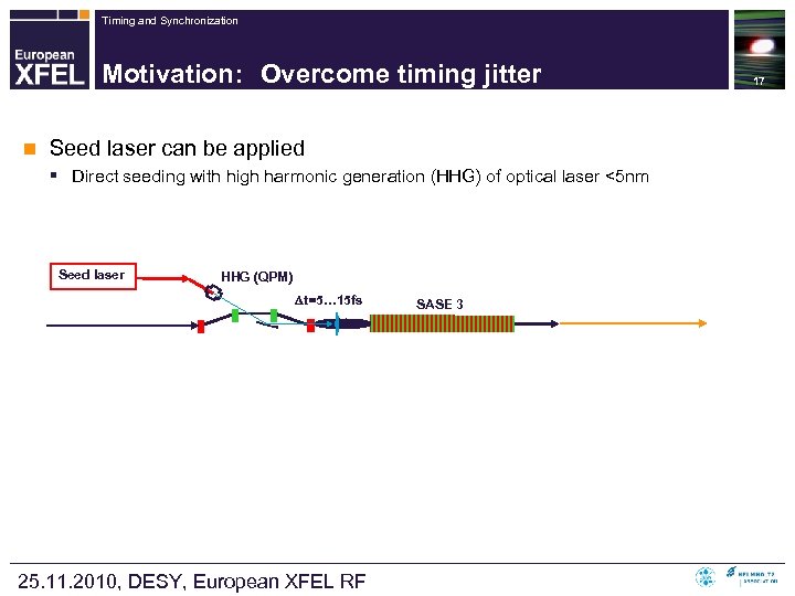 Timing and Synchronization Motivation: Overcome timing jitter n Seed laser can be applied §