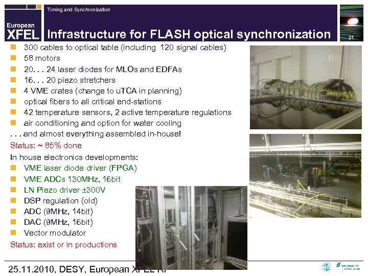Timing and Synchronization Infrastructure for FLASH optical synchronization n 300 cables to optical table