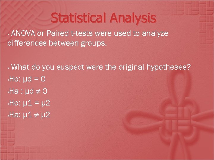 Statistical Analysis ANOVA or Paired t-tests were used to analyze differences between groups. •