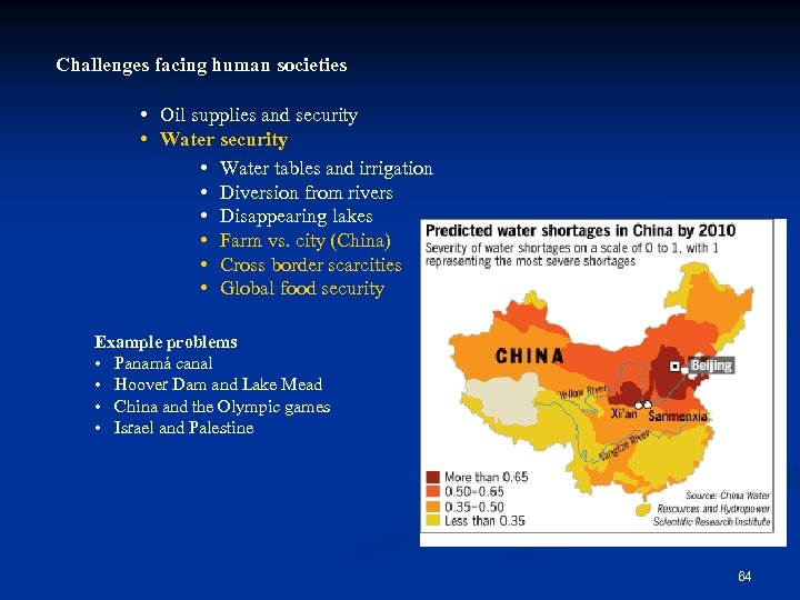 Challenges facing human societies • Oil supplies and security • Water tables and irrigation