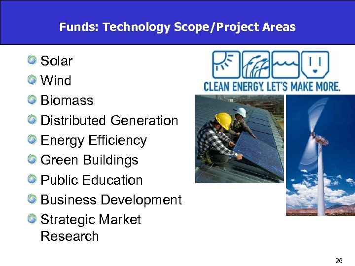 Funds: Technology Scope/Project Areas Solar Wind Biomass Distributed Generation Energy Efficiency Green Buildings Public