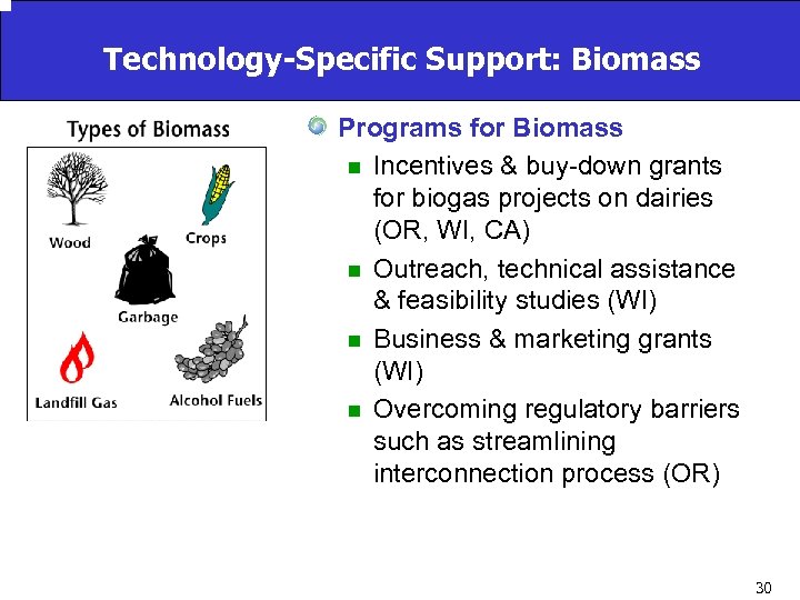 Technology-Specific Support: Biomass Programs for Biomass n Incentives & buy-down grants for biogas projects