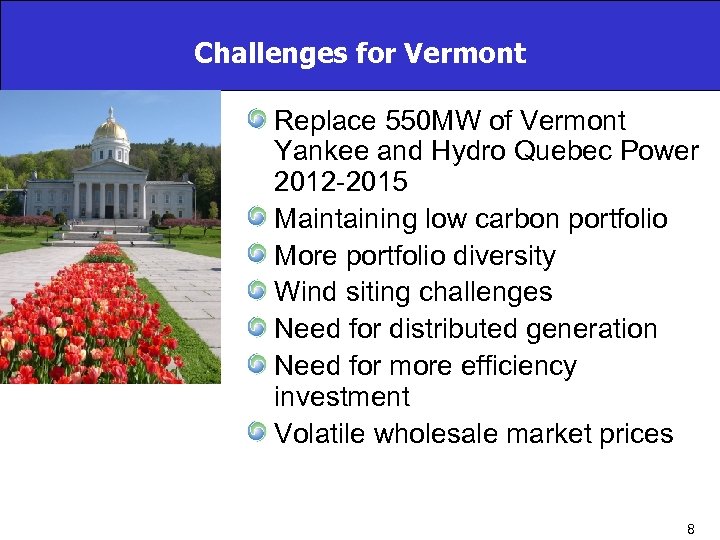 Challenges for Vermont Replace 550 MW of Vermont Yankee and Hydro Quebec Power 2012