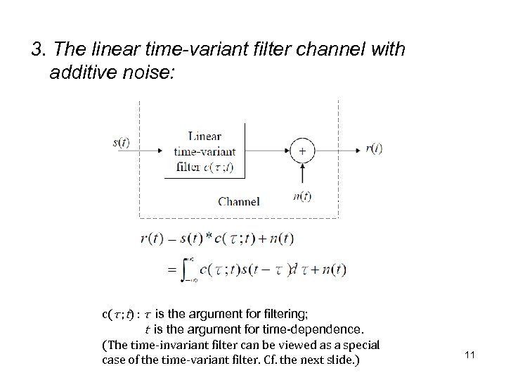 3. The linear time-variant filter channel with additive noise: c(τ ; t) : τ