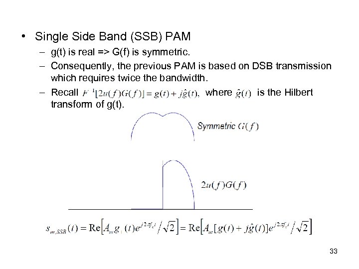  • Single Side Band (SSB) PAM – g(t) is real => G(f) is