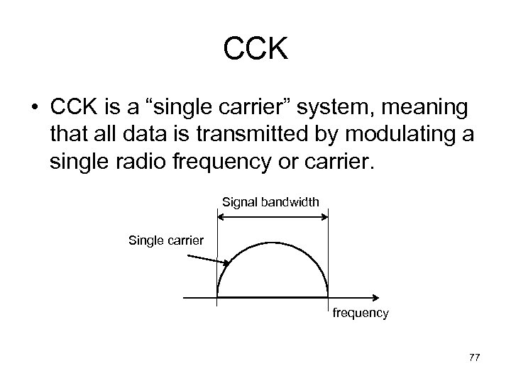 CCK • CCK is a “single carrier” system, meaning that all data is transmitted