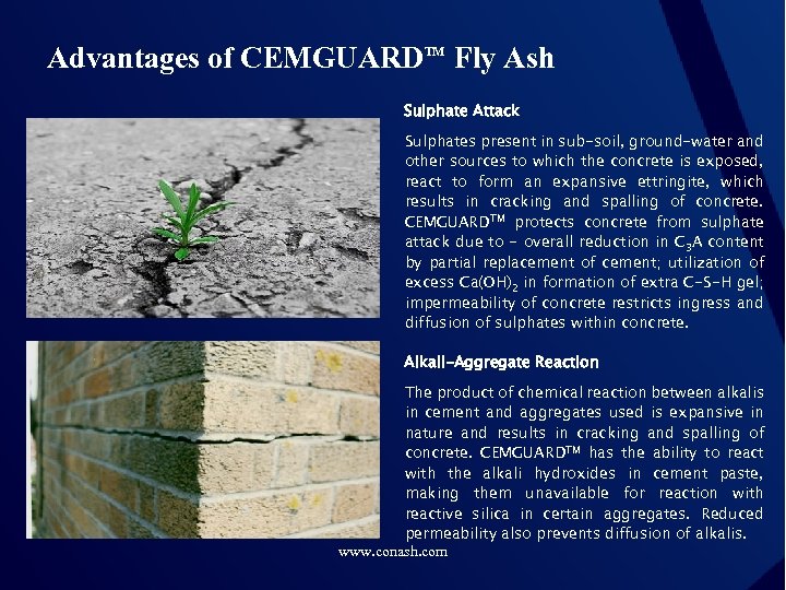 Advantages of CEMGUARDTM Fly Ash Sulphate Attack Sulphates present in sub-soil, ground-water and other