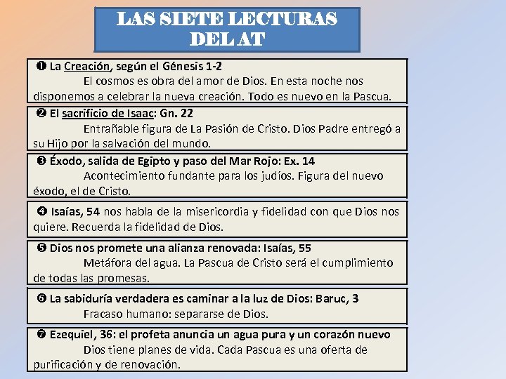 LAS SIETE LECTURAS DEL AT La Creación, según el Génesis 1 -2 El cosmos