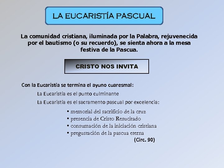 LA EUCARISTÍA PASCUAL La comunidad cristiana, iluminada por la Palabra, rejuvenecida por el bautismo
