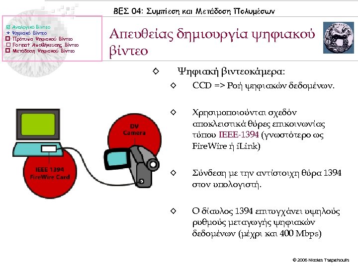 ΒΕΣ 04: Συμπίεση και Μετάδοση Πολυμέσων Αναλογικό Βίντεο Ψηφιακό Βίντεο Πρότυπα Ψηφιακού Βίντεο Format