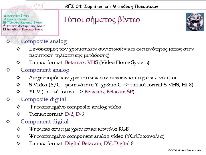 ΒΕΣ 04: Συμπίεση και Μετάδοση Πολυμέσων Αναλογικό Βίντεο Ψηφιακό Βίντεο Πρότυπα Ψηφιακού Βίντεο Format