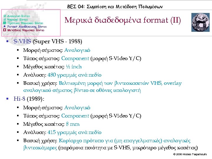 ΒΕΣ 04: Συμπίεση και Μετάδοση Πολυμέσων Αναλογικό Βίντεο Ψηφιακό Βίντεο Πρότυπα Ψηφιακού Βίντεο Format