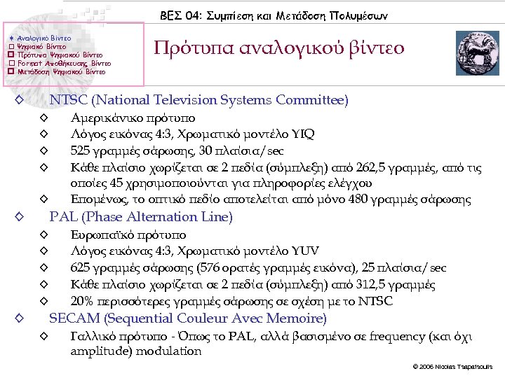 ΒΕΣ 04: Συμπίεση και Μετάδοση Πολυμέσων Αναλογικό Βίντεο Ψηφιακό Βίντεο Πρότυπα Ψηφιακού Βίντεο Format