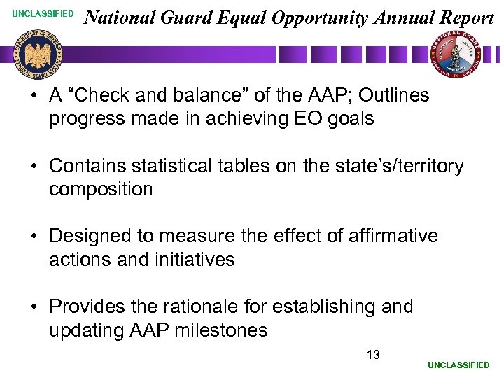 UNCLASSIFIED National Guard Equal Opportunity Annual Report • A “Check and balance” of the