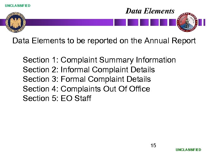 UNCLASSIFIED Data Elements to be reported on the Annual Report Section 1: Complaint Summary