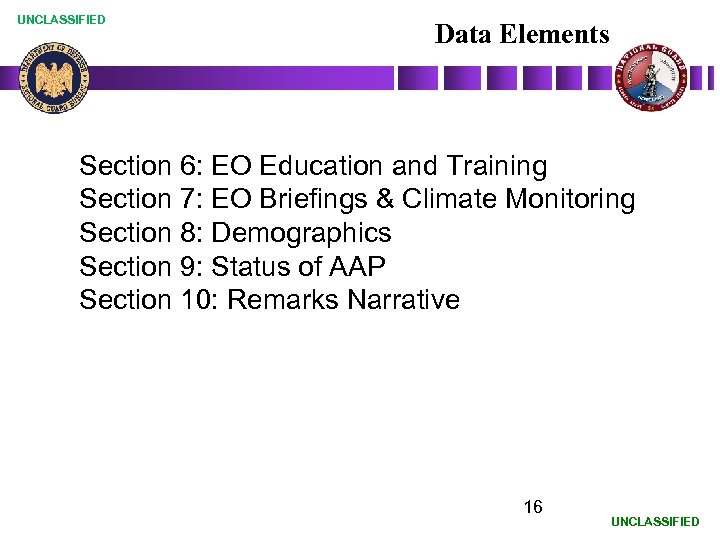 UNCLASSIFIED Data Elements Section 6: EO Education and Training Section 7: EO Briefings &