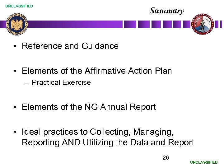 UNCLASSIFIED Summary • Reference and Guidance • Elements of the Affirmative Action Plan –