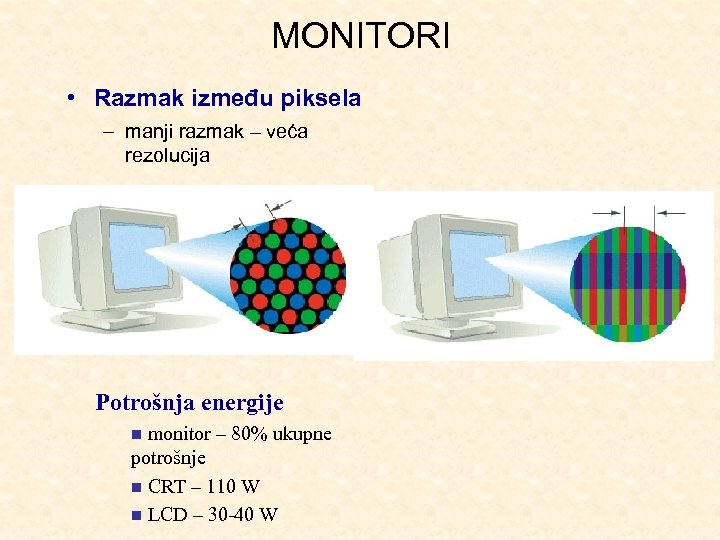 MONITORI • Razmak između piksela – manji razmak – veća rezolucija Potrošnja energije monitor