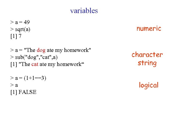 variables > a = 49 > sqrt(a) [1] 7 > a = 