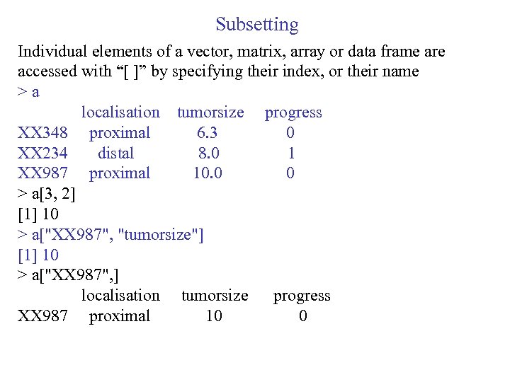 Subsetting Individual elements of a vector, matrix, array or data frame are accessed with