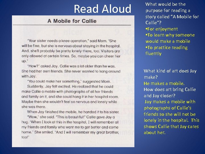 Read Aloud What would be the purpose for reading a story called “A Mobile