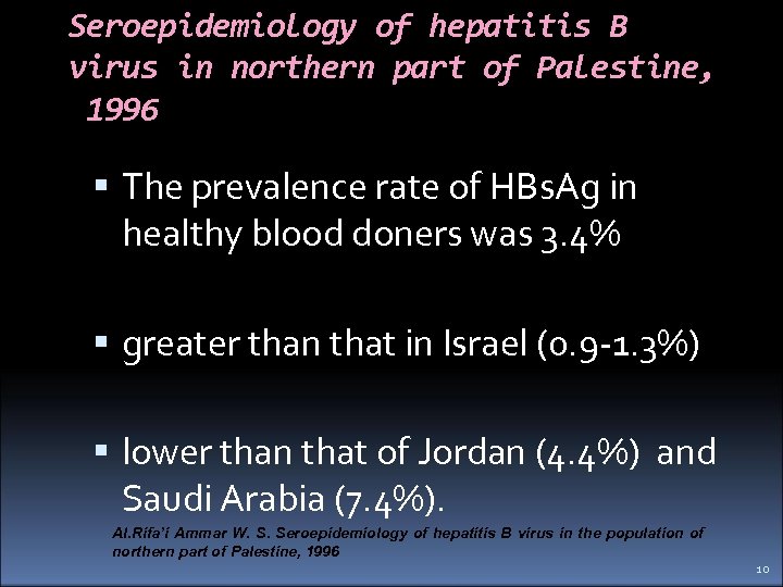 Seroepidemiology of hepatitis B virus in northern part of Palestine, 1996 The prevalence rate