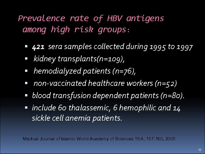 Prevalence rate of HBV antigens among high risk groups: 421 sera samples collected during