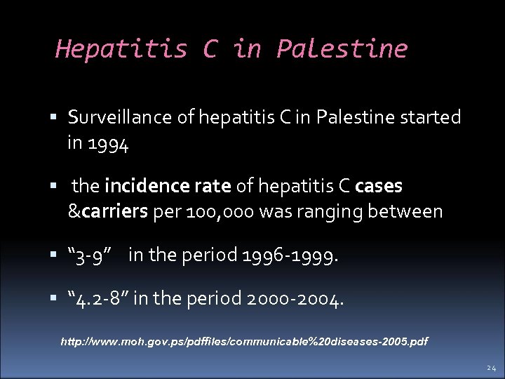 Hepatitis C in Palestine Surveillance of hepatitis C in Palestine started in 1994 the