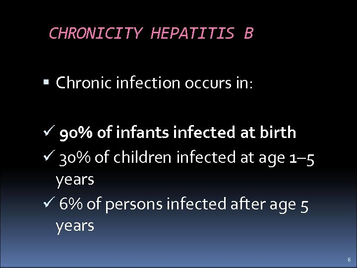 CHRONICITY HEPATITIS B Chronic infection occurs in: ü 90% of infants infected at birth