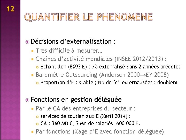  Décisions d’externalisation : Très difficile à mesurer… Chaînes d’activité mondiales (INSEE 2012/2013) :