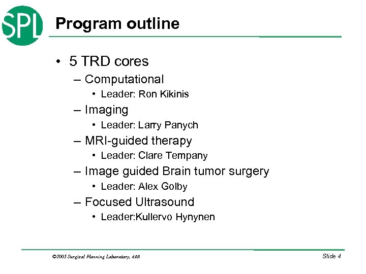 Program outline • 5 TRD cores – Computational • Leader: Ron Kikinis – Imaging