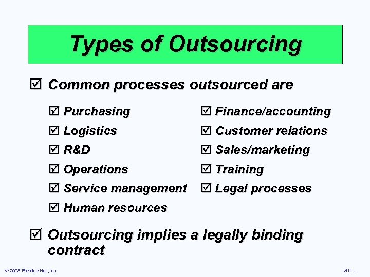 Types of Outsourcing þ Common processes outsourced are þ Purchasing þ Logistics þ Finance/accounting