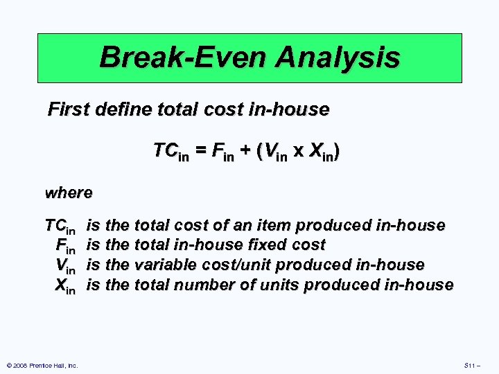 Break-Even Analysis First define total cost in-house TCin = Fin + (Vin x Xin)