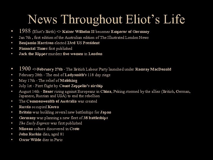 News Throughout Eliot’s Life • 1988 (Eliot’s Birth) <> Kaiser Wilhelm II becomes Emperor