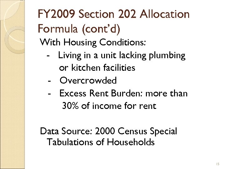 FY 2009 Section 202 Allocation Formula (cont’d) With Housing Conditions: - Living in a