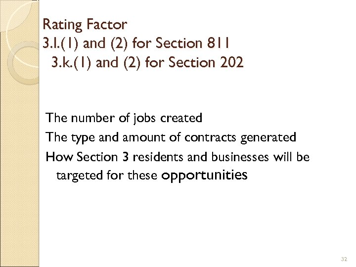 Rating Factor 3. l. (1) and (2) for Section 811 3. k. (1) and