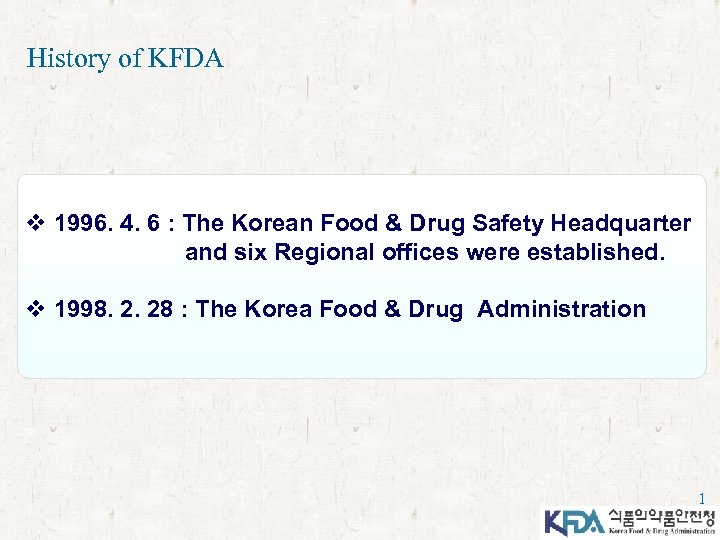 History of KFDA v 1996. 4. 6 : The Korean Food & Drug Safety
