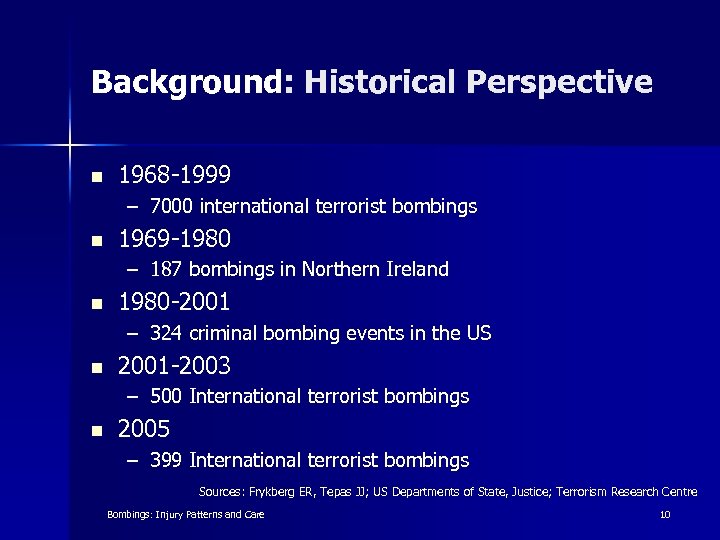 Background: Historical Perspective n 1968 -1999 – 7000 international terrorist bombings n 1969 -1980