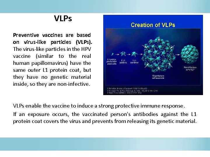 VLPs Preventive vaccines are based on virus-like particles (VLPs). The virus-like particles in the